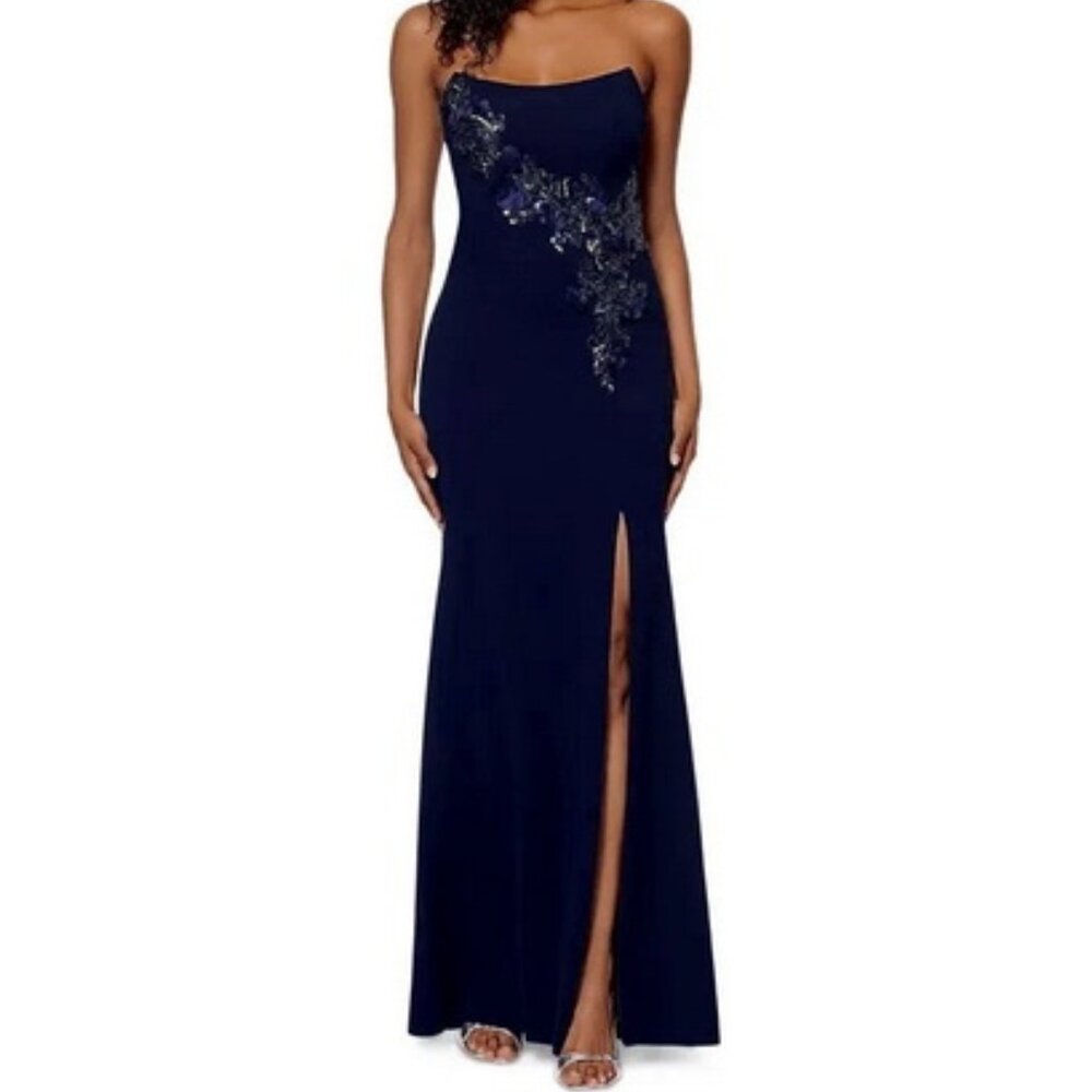 Betsy & Adam Navy Blue Beaded Floral Strapless Scuba Crepe Gown